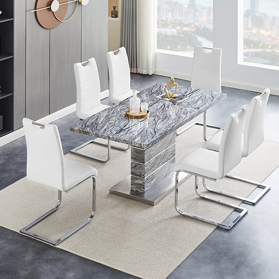 Parker Extendable Melange High Gloss Dining Table 6 White Chairs