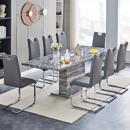 Parker Extendable Melange High Gloss Dining Table 8 Grey Chairs