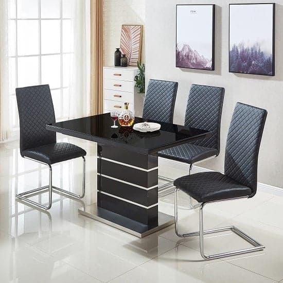 Parker Extending Black Gloss Dining Table 4 Rinks Black Chairs