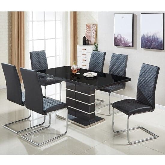 Parker Extending Black Gloss Dining Table 6 Rinks Black Chairs