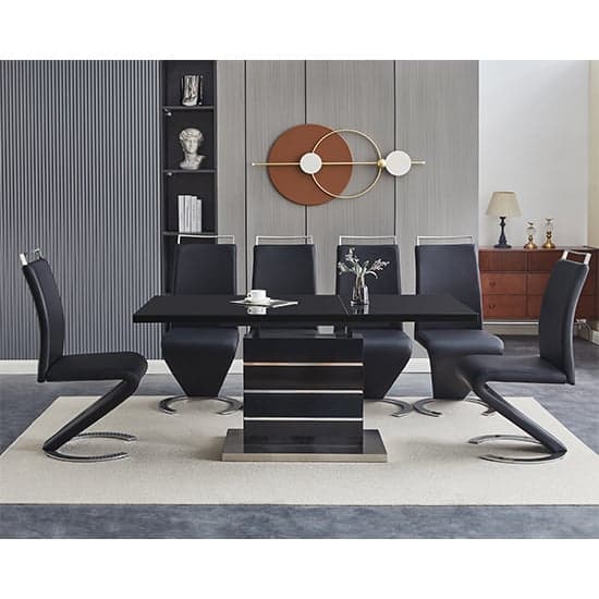 Parker Extending Black High Gloss Dining Table 6 Black Chairs