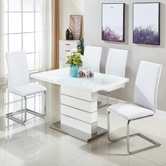 Parker Extending White Gloss Dining Table 4 Rinks White Chairs