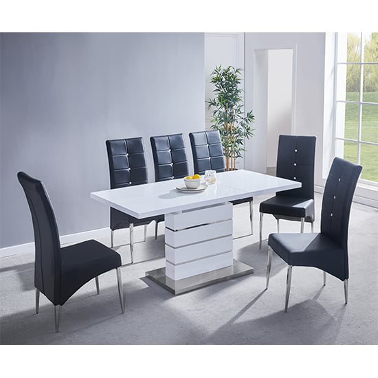 Parker Extending White Gloss Dining Table 6 Versilia Black Chairs