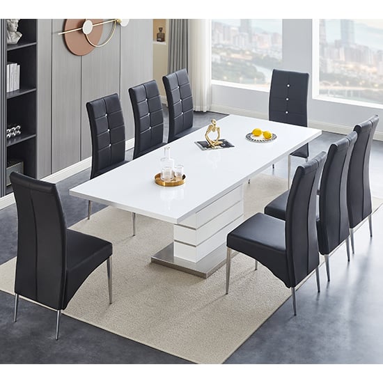 Parker Extending White Gloss Dining Table 8 Versilia Black Chairs