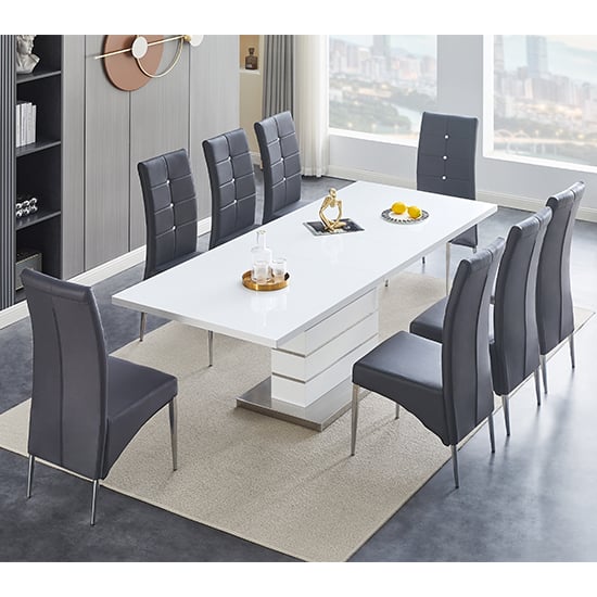 Parker Extending White Gloss Dining Table 8 Versilia Grey Chairs