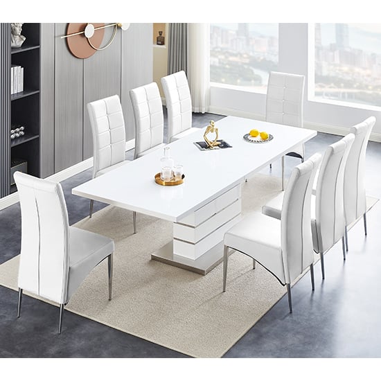 Parker Extending White Gloss Dining Table 8 Versilia White Chairs