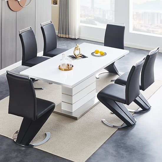 Parker Extending White High Gloss Dining Table 6 Black Chairs