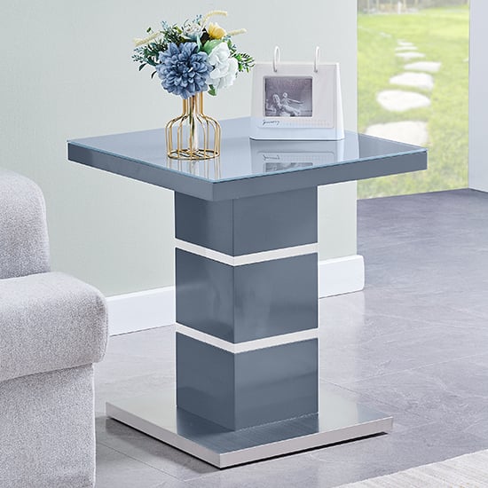 Parker High Gloss Lamp Table In Grey With Glass Top