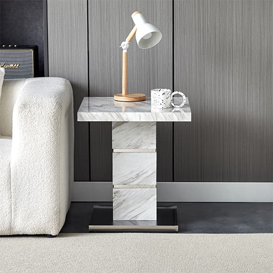Parker High Gloss Lamp Table Square In Magnesia Marble Effect
