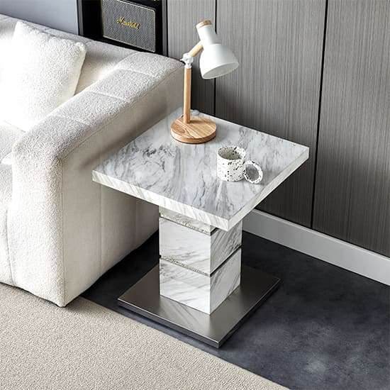 Parker High Gloss Lamp Table Square In Magnesia Marble Effect