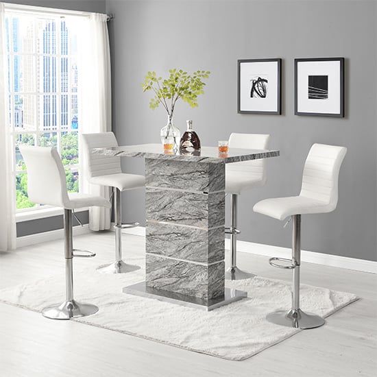 Parker Melange Marble Effect Bar Table 4 Rifle White Stools