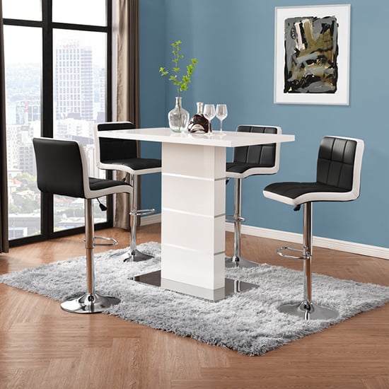 Parker White Gloss Bar Table 4 Cortez Black White Stools
