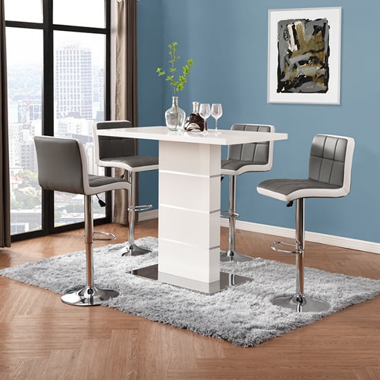 Parker White Gloss Bar Table 4 Cortez Grey White Stools