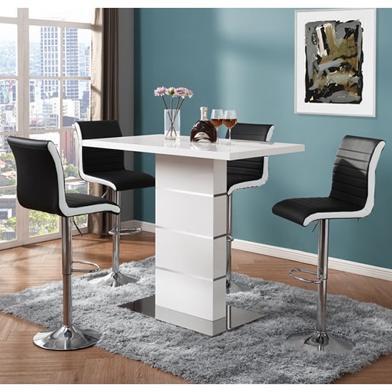 Parker White Gloss Bar Table 4 Riga Black White Stools