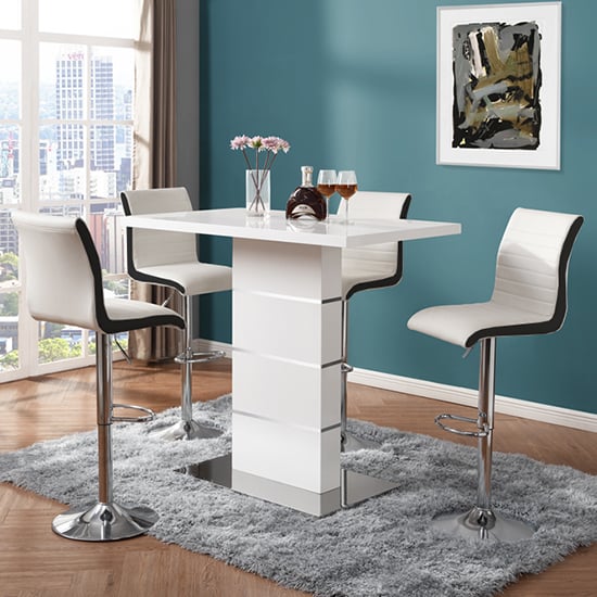 Parker White Gloss Bar Table 4 Riga White Black Stools