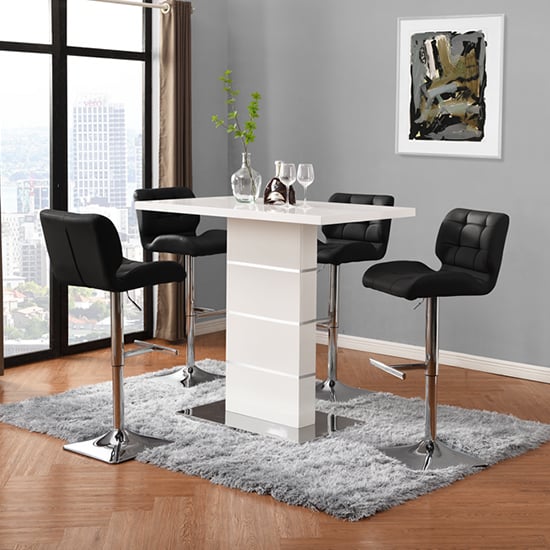 Parker White Gloss Bar Table With 4 Canyon Black Stools