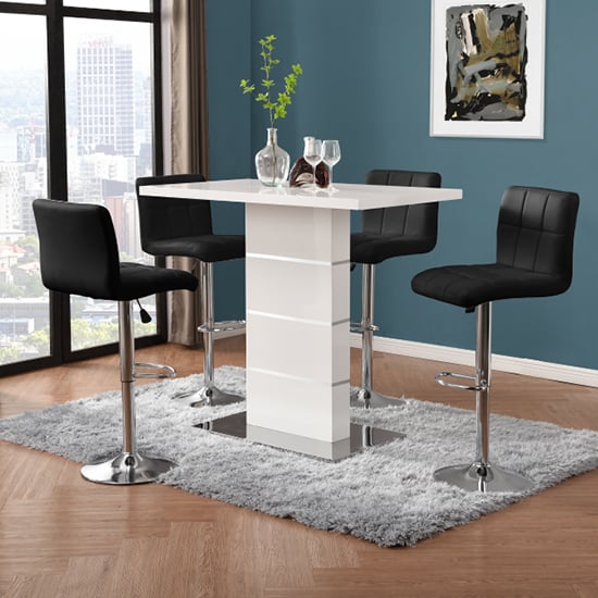 Parker White Gloss Bar Table With 4 Concord Black Stools