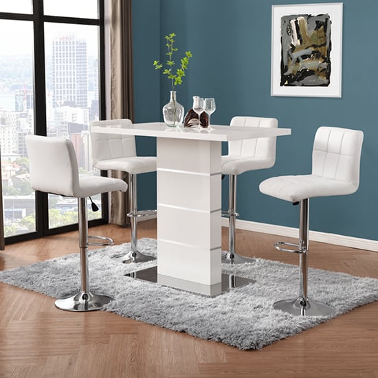 Parker White Gloss Bar Table With 4 Concord White Stools