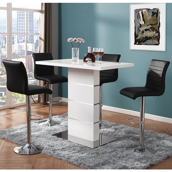 Parker White Gloss Bar Table With 4 Rifle Black Stools