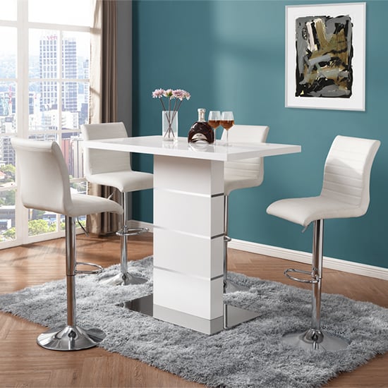 Parker White Gloss Bar Table With 4 Rifle White Stools