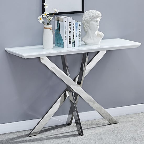 Petersburg Glass Top High Gloss Console Table In White And Chrome Legs