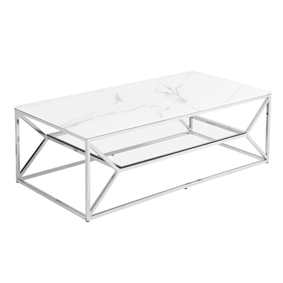 Pocola White Marble Effect Glass Coffee Table With Chrome Frame