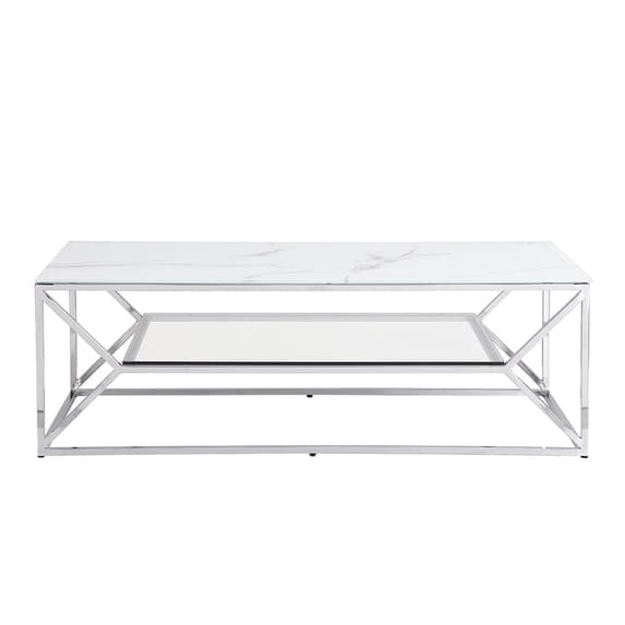 Pocola White Marble Effect Glass Coffee Table With Chrome Frame