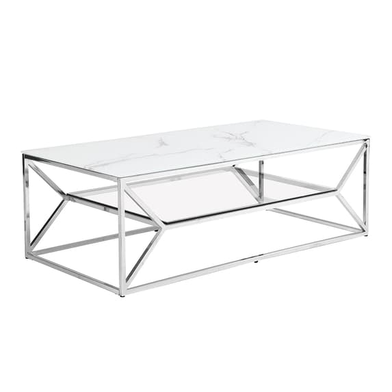 Pocola White Marble Effect Glass Coffee Table With Chrome Frame