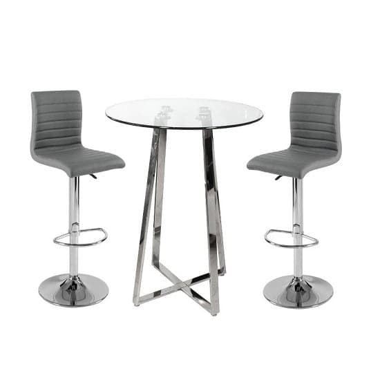 Portsmouth Bar Table In Clear Glass With 2 Rifle Grey Bar Stools