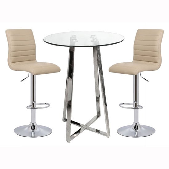 Portsmouth Bar Table In Clear Glass With 2 Rifle Stone Bar Stools