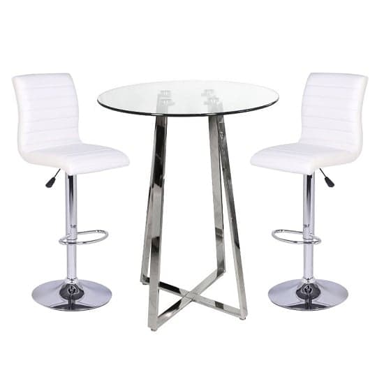 Portsmouth Bar Table In Clear Glass With 2 Rifle White Bar Stools