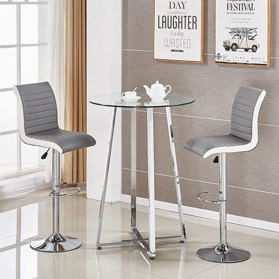 Portsmouth Glass Bar Table With 2 Riga Grey And White Stools