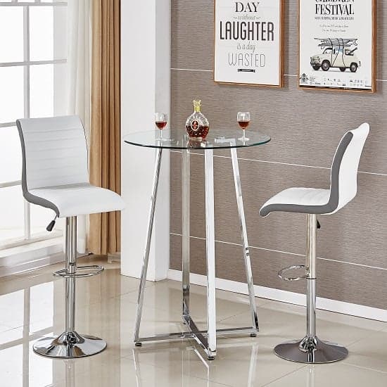 Portsmouth Glass Bar Table With 2 Riga White And Grey Bar Stools