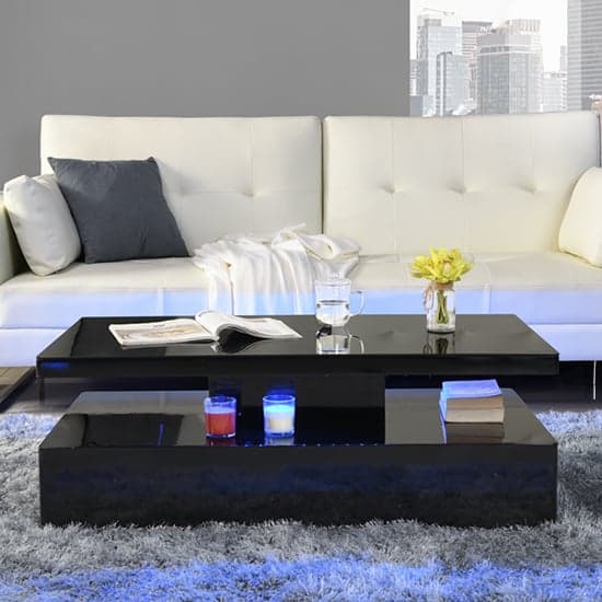 Quarry Glass Top High Gloss Coffee Table In Black With LED