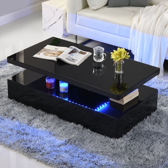 Quarry Glass Top High Gloss Coffee Table In Black With LED