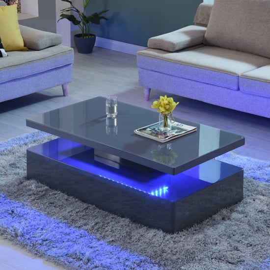 Quarry Glass Top High Gloss Coffee Table In Grey With LED