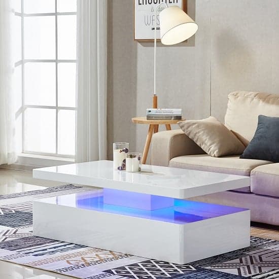 Quarry High Gloss Coffee Table in White With LED Lights