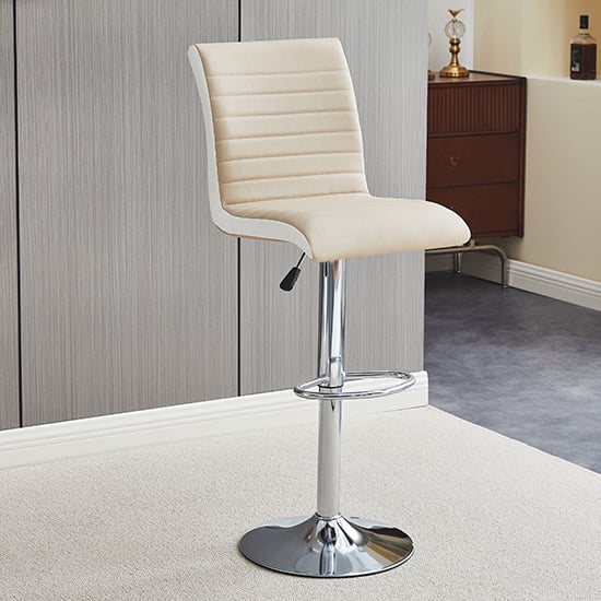 Riga Faux Leather Bar Stool In Taupe And White With Chrome Base