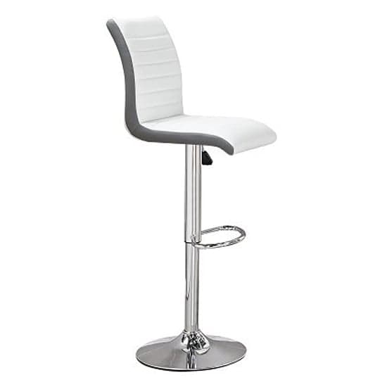 Riga Faux Leather Bar Stool In White And Grey With Chrome Base