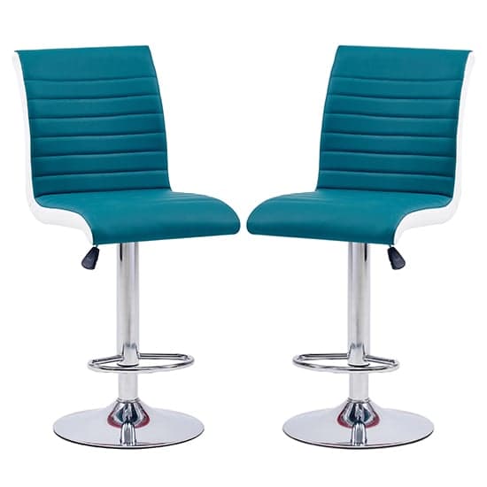 Riga Teal And White Faux Leather Bar Stools In Pair