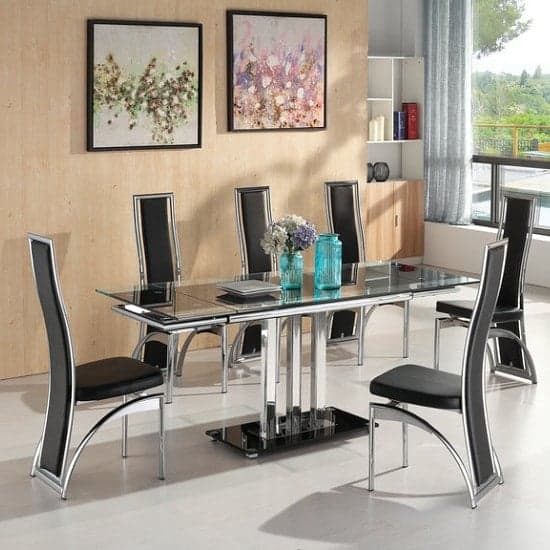 Riverhead Extendable Glass Dining Set Black And 6 Chickasha Chairs