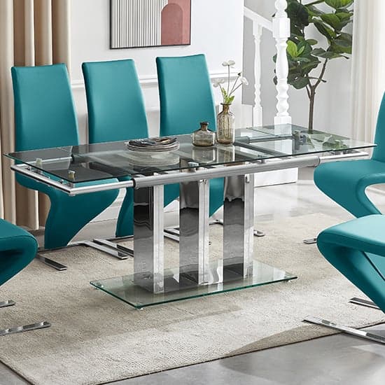 Riverhead Extending Clear Dining Table With 6 Destin Z Teal Chairs