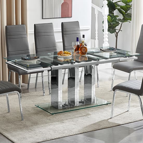 Riverhead Extending Clear Dining Table With 6 Dortmund Grey Chairs