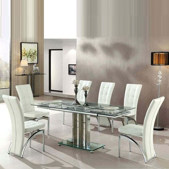 Riverhead Extending Glass Dining Table 6 Riverton White Chairs