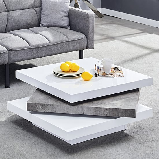 Sammamish High Gloss Coffee Table In White And Concrete Effect