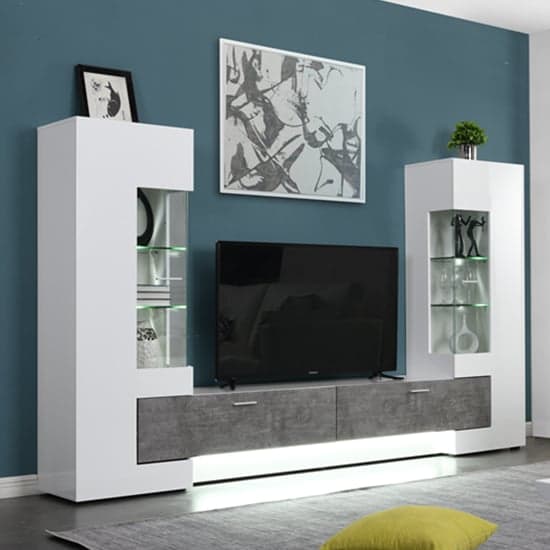 Santa Entertainment Unit In White Gloss And Concrete Effect