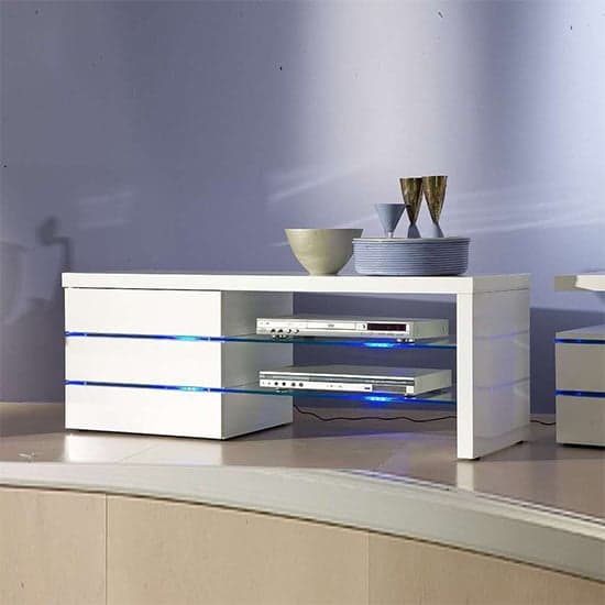 Solana High Gloss TV Stand In White With LED Lighting