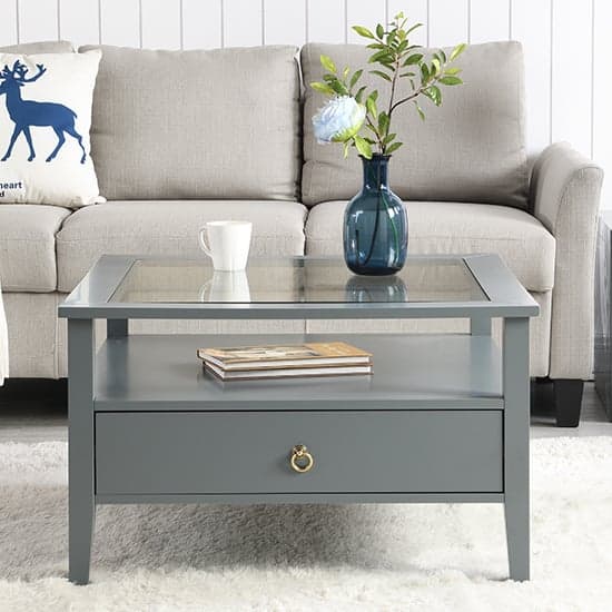 Stanford Square Glass Coffee Table With 2 Drawers In Grey