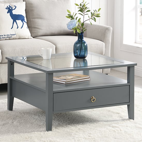 Stanford Square Glass Coffee Table With 2 Drawers In Grey