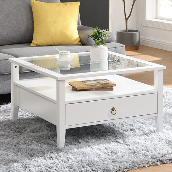 Stanford Square Glass Coffee Table With 2 Drawers In White
